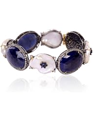 18kt Yellow Gold Diamond Pave Blue Sapphire & Pearl Link Bracelet Designer Jewelry