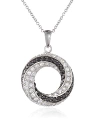 Sterling Silver Clear and Black Cubic Zirconia Swirl Circle Pendant Necklace, 18"