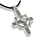 Rainbow Moonstone Divine Sun Wheel Celtic Knot Cross with Sterling Silver Pendant Necklace