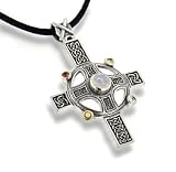 Rainbow Moonstone Divine Sun Wheel Celtic Knot Cross with Sterling Silver Pendant Necklace
