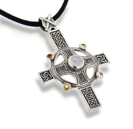 Rainbow Moonstone Divine Sun Wheel Celtic Knot Cross with Sterling Silver Pendant Necklace
