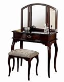 Queen Anne Style Cherry Finish Wood Vanity Set - Table, Bench & Mirror Queen Anne Style Cherry Finish Wood Vanity Set - Table, Bench & Mirror
