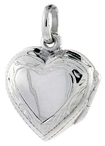 Small Sterling Silver Hand Engraved Heart Locket, 5/8 in. (16mm) Wide and 5/8 in. (16mm) Tall