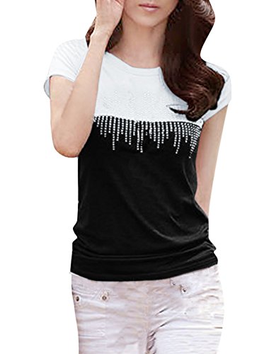 Allegra K Women Rhinestone Decor Front Scoop Neck Short Sleeve Shirt