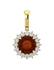 18K Yellow Gold 8.00mm Round Cut Mozambique Garnet and Diamond Pendant -- LIFETIME WARRANTY