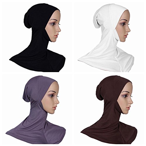 Ksweet 4pcs Full Cover Islamic Scarf Women Hijab Cap Bonnet Underscarves Elastic Hijab Turban Headwear Summer (Black+Grey+Light brown+White)