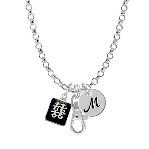 Chinese Symbol ”Double Happiness” on Black with Silver Frame Initial – M – Badge Clip Necklace