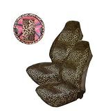 5 Piece Universal fit Tan Leopard Print Front Bucket Seat Cover, Steering Wheel Cover and Shoulder Harness Seat Belt Covers