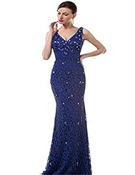Sexy V-neck Beaded Sequined Lace Mermaid Evening Dress/Mother-of-the-Bride Dress/Prom Dress/Party Dress 