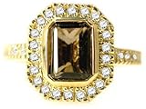 18K Yellow Gold Emerald-Shape Smokey Topaz Color Stone Ring, Surrounded by Pave Set Diamonds.