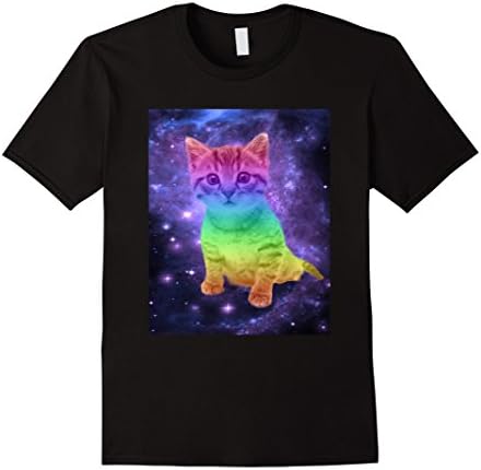 Men's Rainbow Space Cat Tee, With Rainbow Kitten In Outer Space Medium Black