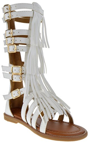 Savannah 3K Little Girls Strappy Buckled Fringe Gladiator Flat Sandals White