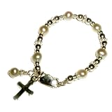Sterling Silver Christening Baptism Bracelet for Baby with Freshwater Pearls, Bali Silver and Cross in Gift Box, 0-12 Months (4 - 4.5 adjustable)