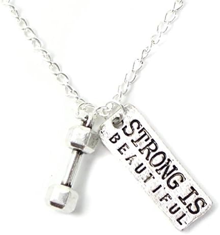 Strong is Beautiful Pendant Necklace, Silver-tone Crossfit Body Builder Jewelry, Fitness Necklace