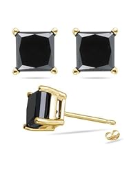 2.00 Cts of 4.55-7.20 mm AAA Princess Black Diamond Stud Earrings in 14K Yellow Gold