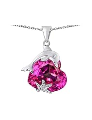 Original Star K (tm) Lucky Dolphin and StarFish Pendant with Heart Shape Created Pink Sapphire in 925 Sterling Silver