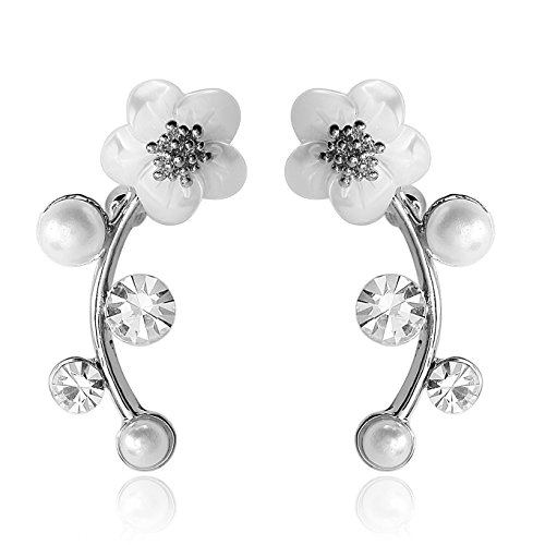 EAR VINES Silver Shell Pearl Flower Ear Vine Wrap Pin Sweep up Ear Cuffs Climber Earrings