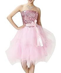 Strapless Sleeveless Bubble Dress Flared-Skirt  Sequined Backless Lace Banding Asymmetric Satin Knee Length  Dress With a Bow(s) and a Sash 