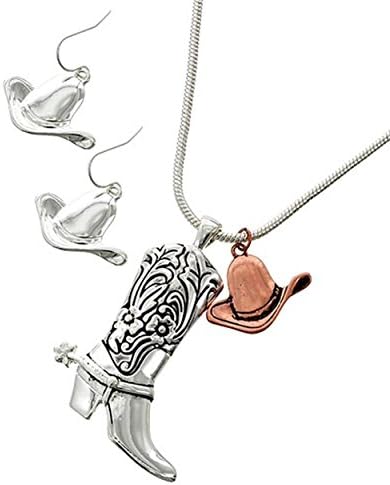 Two-Tone Western Riding Boot With Flower Spur Cowboy Hat Pendant Necklace and Earrings, 17+3" Ext (Silvertone and Coppertone)