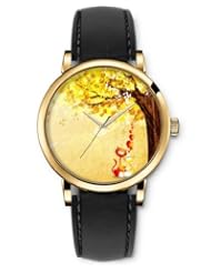 SPRAWL Aanalog Fashion Series Gold Ladies Watches of Genuine Black Leather Strap,Unique Wrist Watch for Women Girls Designed with Kittens under the tree