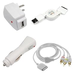 Car Charger + AC Charger+ Retractable USB Data Cable + AV Cable for Apple iPOd Classic/ iPod Touch 1st Generation/ iPod Nano 3rd Generation/ iPod Video/ iPod Photo/ iPhone 1st Generation/ iPhone 3G/ iPod Nano 4th Generation/ iPod Touch 2nd Generation