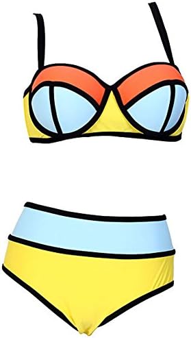 Women's Plus Colorful High Waisted Diving Suit Neoprene Push up Bikini Swimsuit Yellow US 2XL