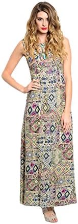 2LUV Women's Sleeveless Geo Print Maxi Dress W/ Caged Neckline Green & Blue M (D1085)