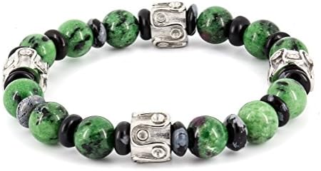 Ruby Zoisite &amp; Snow Obsidaian Stanless Steel Meditation Bead Bracelet