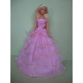 Pink Strapless Gown Gold Trim and Lots of Ruffles Made to Fit the Barbie Doll by Olivia's Doll Closet