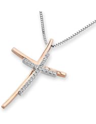 (X1000Diamond) 18K/750 Rose And White Gold (2 Tones) Polished Finished Round Diamond Religious Double Cross Pendant w/Sterling Silver Chain (0.12 cttw, G-H Color, VS2-SI1 Clarity, )