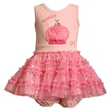 Bonnie Jean BABY/INFANT 12M-24M 2-Piece PINK TIERED SEQUIN MESH 'Birthday Girl' CHERRY CUPCAKE Special Occasion First 1st Birthday Party Dress