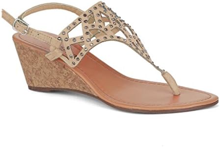 Twisted Women's Riley Faux Suede Cutout Gladiator T-strap Low Wedge Sandal with Rhinestones - BEIGE, Size 9