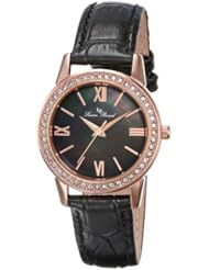 Lucien Piccard Womens LP-12006-RG-01MOP Veleta Black Mother-Of-Pearl Dial Swarovski Crystal Accents Black Leather Strap Watch