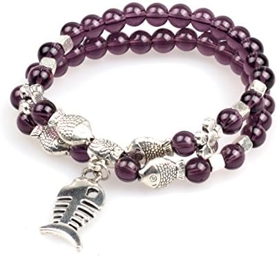 6mm Double Layers Purple Crytal Stacks Bracelet with Fish Bone Spacer Cahrms