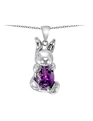 Original Star K (tm) Love Bunny Pendant With Simulated Amethyst Oval 10x8mm in .925 Sterling Silver