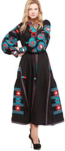 Embroidered Boho Long Dress black woman. Vyshyvanka Ukrainian embroidered Vita Kin style(S)