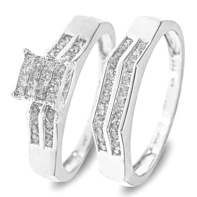 5/8 Carat T.W. Round, Princess Cut Diamond Wedding Band Set 10K White Gold - Two Rings: Ladies Engagement Ring and Ladies Wedding Band - Free Gift Box -