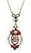 Michal Negrin Vintage Inspired Medallion Necklace Ornate With A Hand Painted Vintage Flower, Brass Ornaments, White and Red Swarovski Crystals