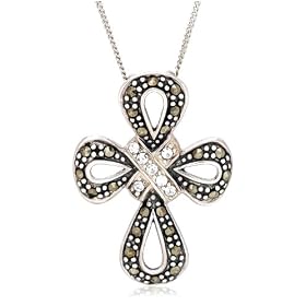 Sterling Silver Marcasite & Cubic Zirconia Cross Pendant, 18