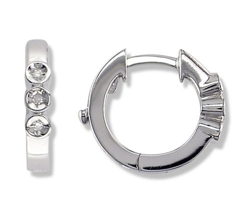 Childrens Toyshop  Jewelry : Bezel Set Three-Stone Diamond Hoop Earrings in White Gold (with Safety Lock)