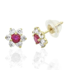 14K Gold Stud Earring red and white CZ Cluster Yellow Gold Earring With Screw-Back For Kids & Teens
