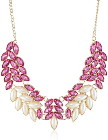 Pearl-Tone and Fuchsia Faceted Beads Statement Necklace, 18"