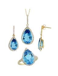 10k Gold Teardrop Dangle Earrings (26mm tall), Ring (17mm wide) & 18 in. Necklace SET, w/ Brilliant Cut Diamonds & Pear Cut Blue Topaz Stones; Ring Size 5