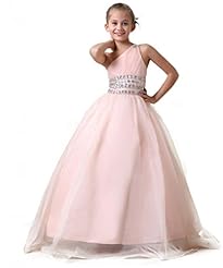 Girls  Organza Lace Crystal Floor Length One Shoulder  Ball Gown Pageant Dress 