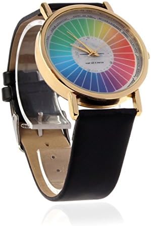 Sankuwen 1pc Women Black Fashion Rainbow Style Dial Leather Band Quartz Analog Wrist Watches