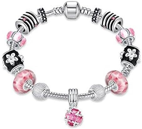 Aliliya Jewelry Signature Pave Clasp Authentic DIY Pandora Exquisite High-End Crystal Bracelet - Wild Love Retro Personality Carved (silver pink, 20CM)