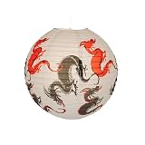 Artwedding Iron Shelf Red and White Chinese Dragon Printing White Lantern(Set of 2)