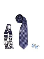 SILVIO SILVANI Pack Tirantes Lisos Azules + Corbata Azul Marino Con Topos Celeste + Gemelos Con Piedra Celeste