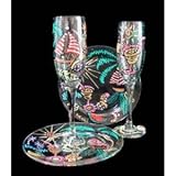Caribbean Excitement Design - Hand Painted - Toasting Flutes - 6 oz. & 7 inch Cake Plates