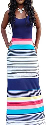 Anca Demi Women Casual Hollowed Back Sleeveless Colorful Stripe Tank Maxi Dress Blue Medium